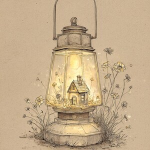 Pode incluir: Ilustração detalhada de uma lanterna vintage com uma pequena casa dentro, rodeada por flores. A lanterna está acesa, emitindo um brilho quente. A obra de arte é em tons de castanho e bege.