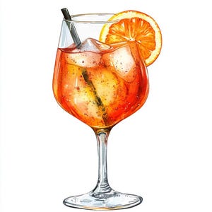 Aperol spritz, cocktail art, fetta d&#39;arancia, bevanda ad acquerello, illustrazione di spritz, cocktail ghiacciato, cocktail estivo, aperitivo italiano