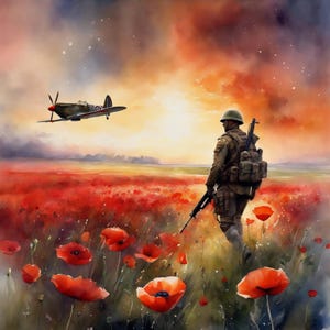 May include: Watercolor painting of a soldier walking through a field of red poppies, carrying a rifle and backpack. A vintage airplane flies in the sky above a sunset. The artwork evokes a sense of remembrance.