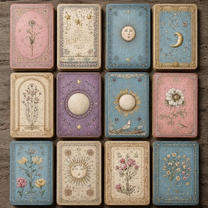 May include: A collection of vintage-style tarot cards with floral, celestial, and sun designs. Each card features intricate illustrations in pastel colors, including pink, blue, and purple. Some cards have text such as "Grow & Bloom" and "Trust the Universe".