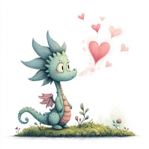 Cute Dragon, Love Dragon, Heart Dragon, Baby Dragon Art, Dragon Clipart, Valentine Dragon, Pastel Dragon, Fantasy Dragon, Kawaii Dragon