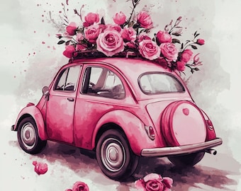 ブルームモービル、ピンクの車のクリップアート、花の車のアート