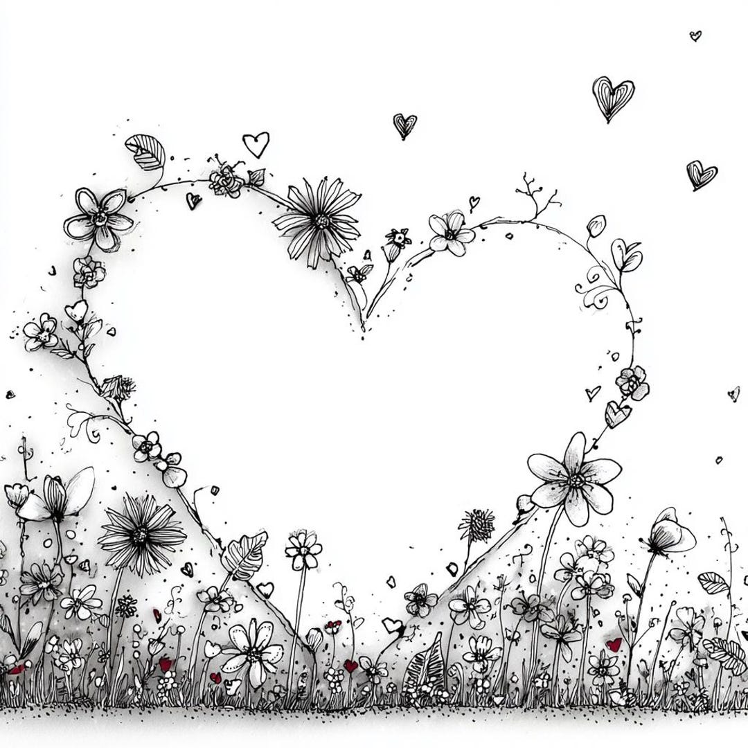 Hand-drawn Floral Heart Clipart, Black and White Flower Frame PNG ...