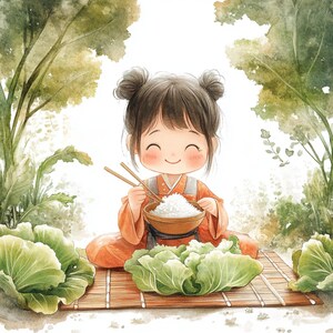 Riz gluant, art de fille de riz, champ de légumes, clipart de ferme mignon, bol de riz de jardin, art de manger kawaii, enfant aquarelle, cuisine asiatique mignonne, JPG
