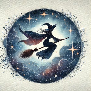 Voando hoje à noite, clipart de bruxa, arte de Halloween, bruxa na vassoura, noite mágica, design assustador, céu estrelado, bruxa mística, imagens JPG