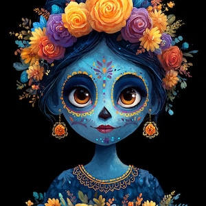 Catrina Girl, Day of Dead, suikerschedelkunst, Dia de Muertos, bloemenschedel, schedelportret, Mexicaans decor, blauw schedelgezicht, grillige Catrina