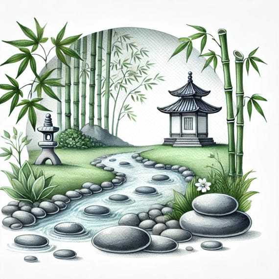 Natural Serenity, Zen Garden Art, Tranquil Landscapes, Bamboo Watercolor, Koi Fish Art, Calm Nature Decor, JPG images, 300 dpi