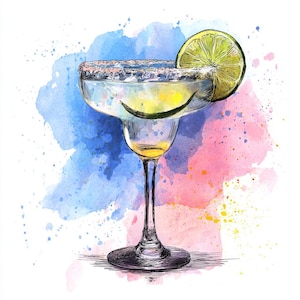 Peut inclure: Illustration à l'aquarelle d'un cocktail margarita dans un verre à pied. Le bord du verre est recouvert de sel, et une tranche de citron vert orne le bord. Le fond présente des éclaboussures d'aquarelle bleues, roses et jaunes.