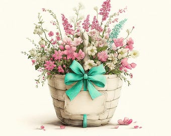 Mother’s Day Flowers CLIPART, Vintage Floral Basket Illustration, Pastel Spring Bouquet Design, Gift Tag Garden Art