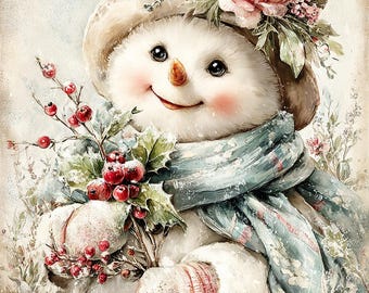 May include: A whimsical snowman illustration. The snowman wears a hat adorned with pink roses and a blue scarf. It holds a sprig of holly with red berries and has rosy cheeks. The overall aesthetic is soft and vintage, perfect for holiday decor.