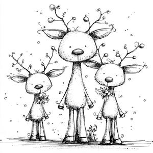 May include: A black and white illustration of three reindeer with whimsical features. The reindeer have large eyes, twig-like antlers with berries, and are adorned with small bows and holly. A tiny mouse is at their feet.