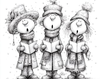 Whimsical Carol Singers, Dickensian Christmas Choir, Funny Line Art, Winter Singing Trio, Vintage Xmas Clipart, Holiday PNG Set
