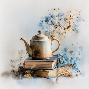 Peut inclure: Une théière vintage crème et marron est posée sur deux vieux livres. Des fleurs bleues et jaunes séchées sont disposées autour de la théière, créant une nature morte rustique. La théière a un bec et une anse courbés.
