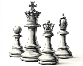 チェスの駒　白黒　アンティーク品 チェスの駒、キング・クイーン・ポーン、チェスのアートプリント、白黒