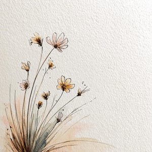 May include: Watercolor painting of delicate wildflowers in shades of peach, tan, and brown. The flowers have thin stems and are arranged in a loose, natural style. The background is a textured, off-white paper, creating a soft and artistic feel.