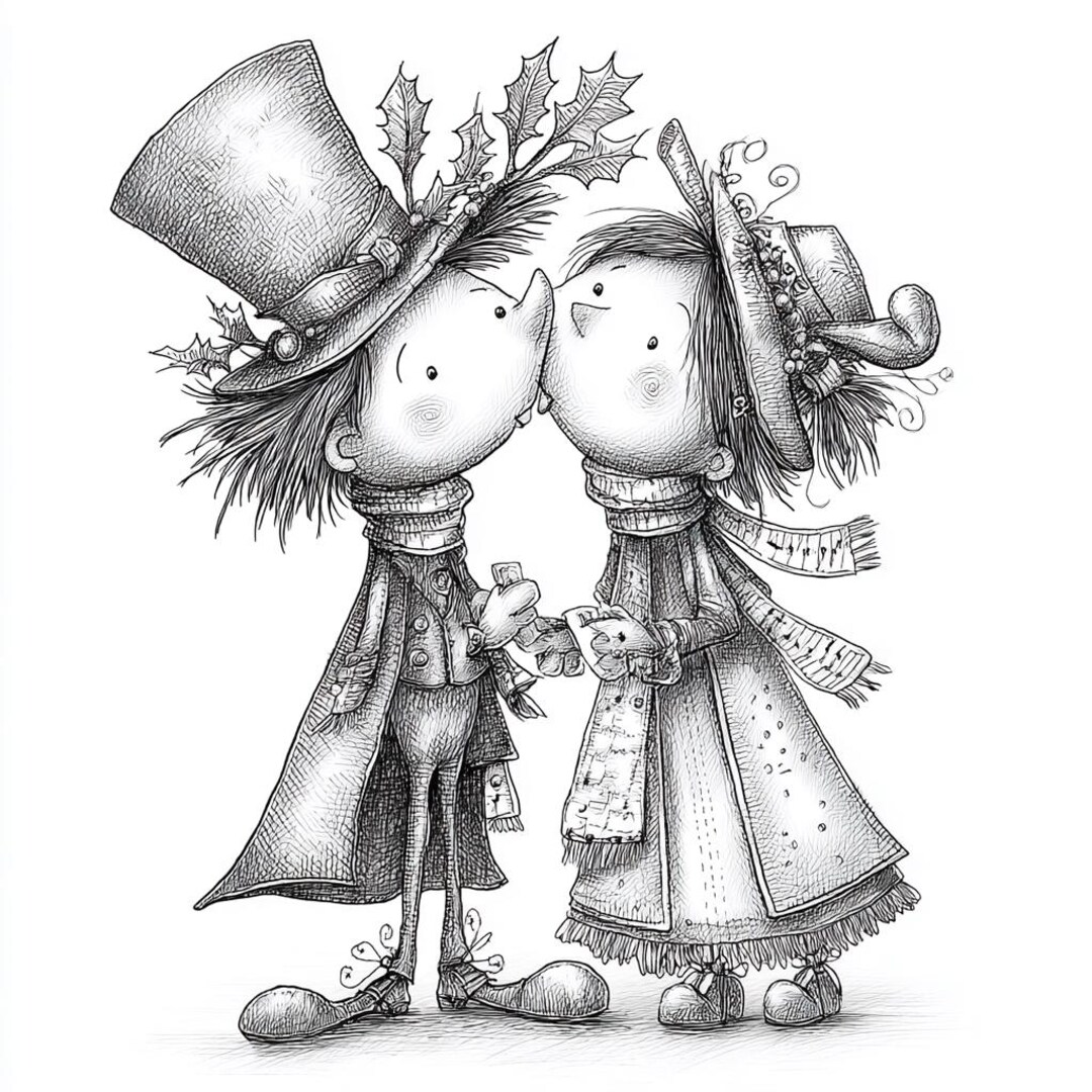 Ilustración de una pareja victoriana besándose en Navidad, arte romántico  navideño, dibujo festivo en blanco y negro., image size:1080x1080