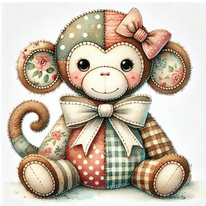 Macaco aquarela, ilustração de brinquedo de pelúcia, macaco de retalhos, arte animal caprichosa, macaco de pelúcia fofo, arte de brinquedo artesanal, imagens JPG