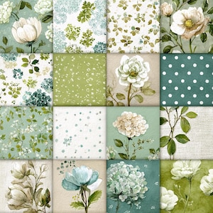 Może przedstawiać: Kolaż z szesnastu kwadratowych płytek z akwarelowymi wzorami kwiatowymi w odcieniach bieli, zieleni i błękitu. Wzory obejmują kwiaty, liście i kropki, tworząc motyw vintage, botaniczny. Ogólna estetyka jest miękka i romantyczna.