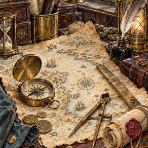 Puede incluir: Un mapa de pergamino envejecido con ilustraciones náuticas, una brújula de latón, un compás de dibujo de metal, una regla y monedas de oro. La escena incluye una pluma en un tintero, una linterna, un reloj de arena y pergaminos enrollados.