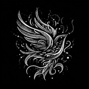 Oiseau élégant, tatouage, oiseau encré, noir et blanc, motif volant, dessin au trait orné, encre gracieuse, tatouage d'oiseau, dessin au trait oiseau, envolée céleste,