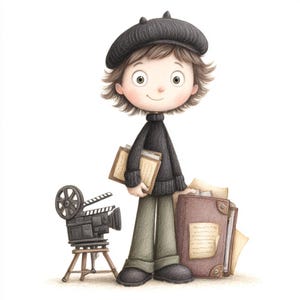May include: Illustration of a cartoon character wearing a black beret and sweater, holding books and standing next to a vintage film camera on a tripod. The character is smiling, with brown hair and green pants.