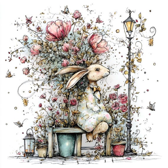 Whimsical Spring Bunny PNG Set, Floral Rabbit Clipart, Pastel