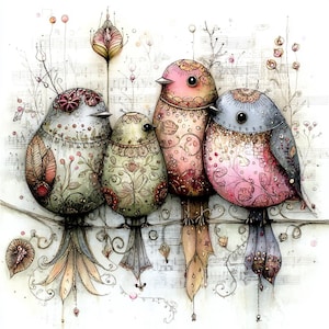 Puede incluir: Ilustración en acuarela de cuatro pájaros decorativos posados en una rama. Cada pájaro presenta patrones y detalles intrincados en tonos rosa, verde y azul. El fondo incluye notas musicales y acentos florales.