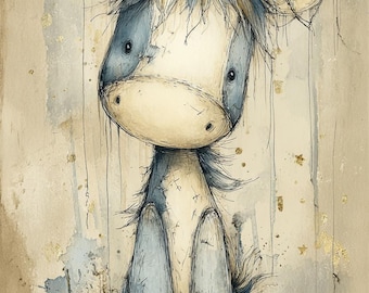 goth unicorn, spooky plush, blue unicorn, creepy cute, soft toy art, moody nursery, stitched doll, eerie decor, fantasy toy