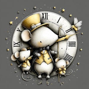 May include: Whimsical illustration of three mice dressed in formal attire, standing before a clock face. The central mouse wears a top hat and holds a staff, while the others are in vests. Gold stars and a small bird add to the festive design.