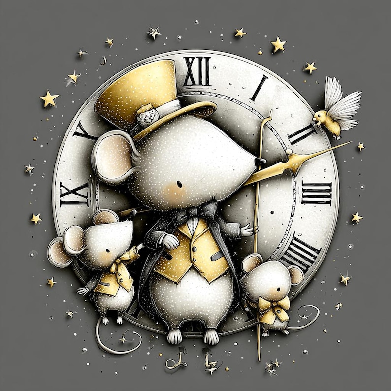 Mouse With Clock Hickory Dickory Dock Art Set, Whimsical Clock Mice, Golden Nursery ...
