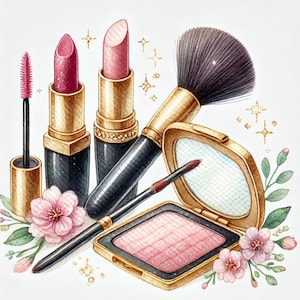 Könnte beinhalten: Ein Set goldfarbener Make-up-Pinsel und Lippenstifte mit rosa Blüten und eine Kompaktdose mit rosa Rouge.