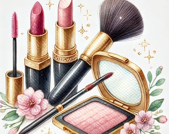 May include: A set of gold-toned makeup brushes and lipsticks with pink flowers and a compact with a pink blush.