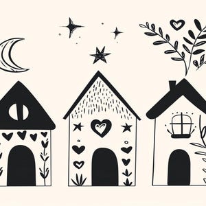 May include: Black and white illustration of three houses with different styles and details. Each house has a heart shape on the front and a window. The houses are surrounded by stars, a crescent moon, and a leafy branch.