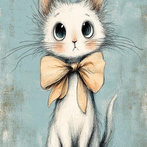 May include: A charming illustration of a white cat with big blue eyes and a peach bow tie. The cat is drawn with fine lines against a textured, pale blue background. Whiskers and blush details enhance the whimsical style.