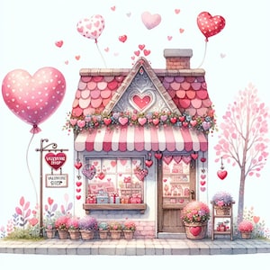 La tienda de San Valentín 2, Decoración de San Valentín, Boutique del amor, Regalos románticos, Motivos de corazones, Amuleto de acuarela, Tiendas extravagantes, Imágenes JPG