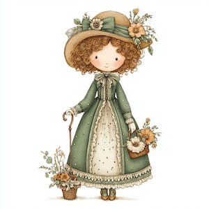 Nounou Whimbleton, art de nounou vintage, fille à la robe à fleurs, art mignon victorien, clipart nounou, nounou de livre de contes, fille à la robe verte, nounou lunatique
