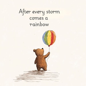 Après chaque tempête, citation motivante, art mignon d'ours, ballon arc-en-ciel, ondes positives, impression fantaisiste, art mural de chambre d'enfant, décoration inspirante