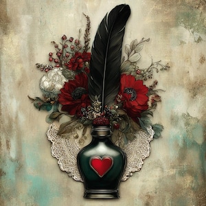 May include: An inkwell with a red heart design, a large black feather, and a bouquet of red and white flowers. The inkwell is dark green and sits on a white lace doily. The background has a textured, vintage appearance.