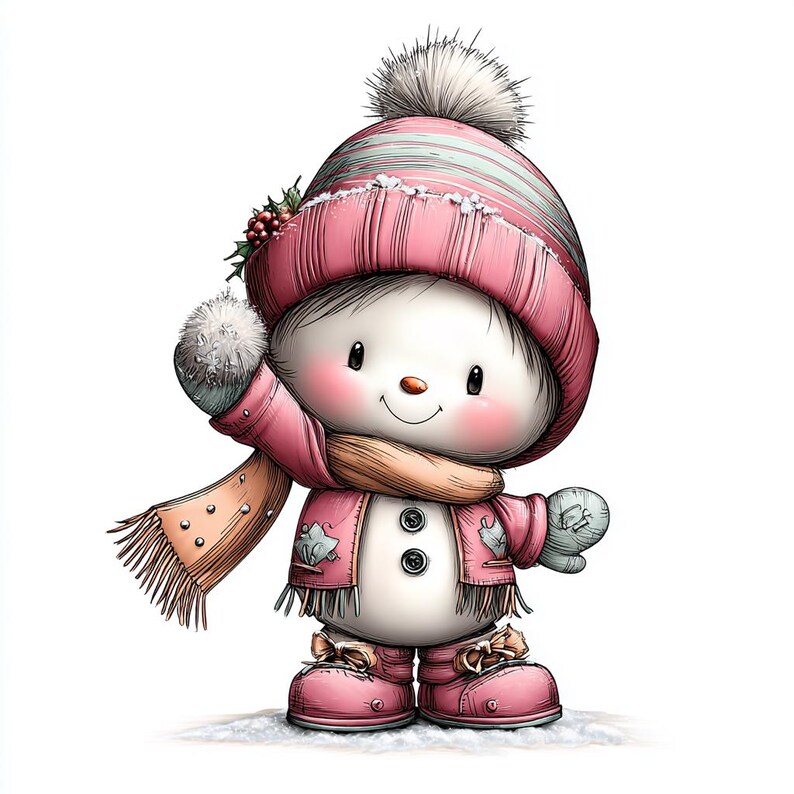 May include: A cute snowman illustration wearing a pink hat with a white pom-pom, matching coat, mittens, and boots. The snowman has a tan scarf and a carrot nose. The illustration is on a white background.