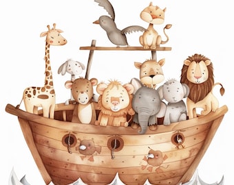 Animal Ark, Cute Boat, Noah’s Ark, Baby Animals, Safari Boat, Water Clipart, Ark Animals, Toddler Art, Nursery Boat, jpg images