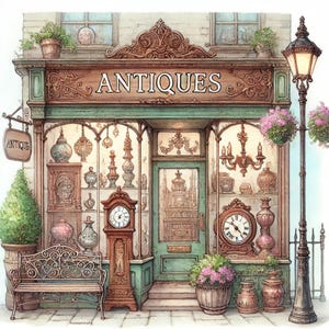 Antiquaire Ye Olde, trésors vintage, décoration intemporelle, charme rustique, trouvailles nostalgiques, antiquités classiques, images JPG