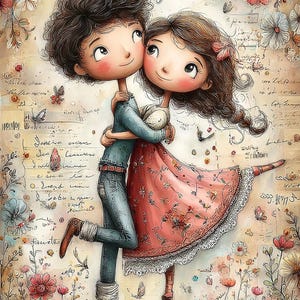 Può includere: Illustrazione digitale di una coppia che si abbraccia, circondata da fiori e farfalle. La donna indossa un abito rosso con motivo floreale e pizzo. L'uomo è in camicia blu e jeans. Lo sfondo presenta una scrittura manoscritta.