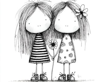 Best Friends PNG Set, Whimsical Hand-Drawn Girls Clipart, Black and White Line Art Sisters, Cute Friendship Illustration