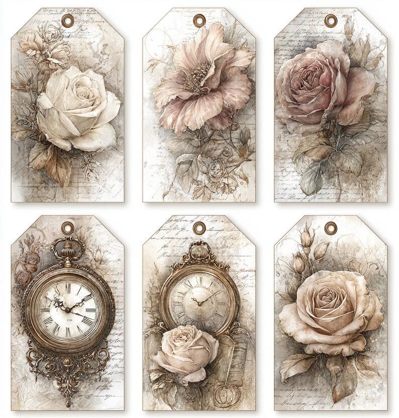 Vintage Floral Tags CLIPART, Antique Flower Ephemera, Botanical Gift ...