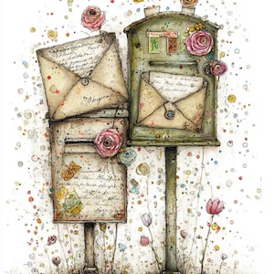 May include: Watercolor illustration of two vintage mailboxes with envelopes and flowers. The mailboxes are green and brown, with pink and yellow roses. The envelopes have handwritten text and are sealed with buttons. Colorful dots and flowers surround the mailboxes.