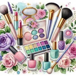 Girl Loves Makeup, Beauty Clipart, Make-up Kunst, Aquarell Kosmetik, feminines Design, Beauty Flatlay, Make-up Zubehör, Pastell Clipart,