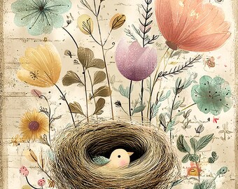 森の巣、鳥の巣、赤ちゃん鳥、かわいい鳥のアート、ヴィンテージの鳥