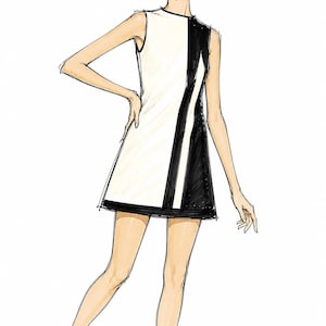 May include: A fashion illustration of a person with short blonde hair wearing a sleeveless, above-the-knee shift dress featuring a color-blocked design of white and black panels. The outfit is completed with simple white buckled flat shoes.