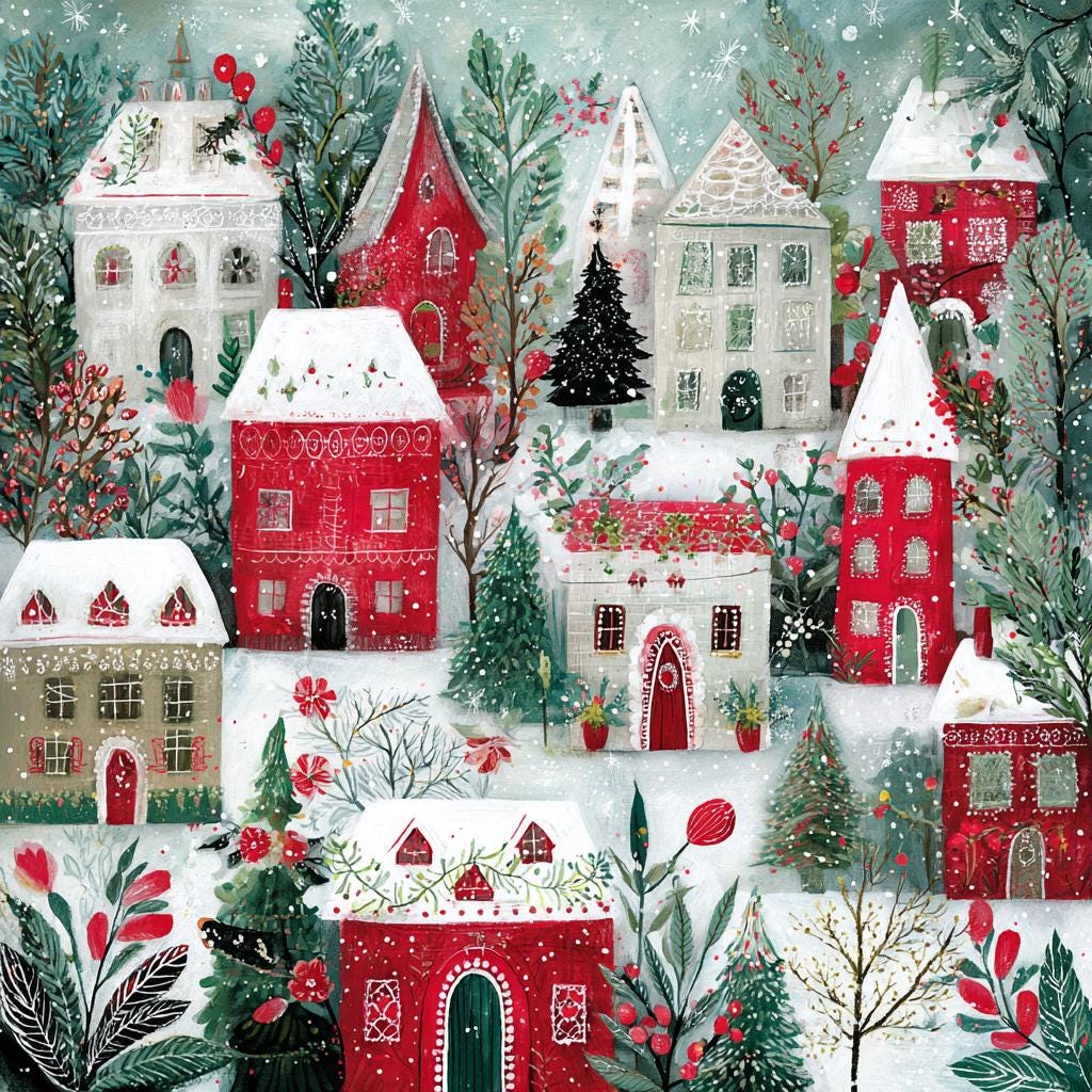 winter forest, red berries, snowy owls, whimsical trees, winter birds, holiday decor, snowy village,