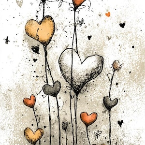 Whimsical Heart Stem CLIPART, Hand Drawn Valentine Hearts, Rustic Ink Love Art, Grunge Romance Illustration, Vintage Style Hearts